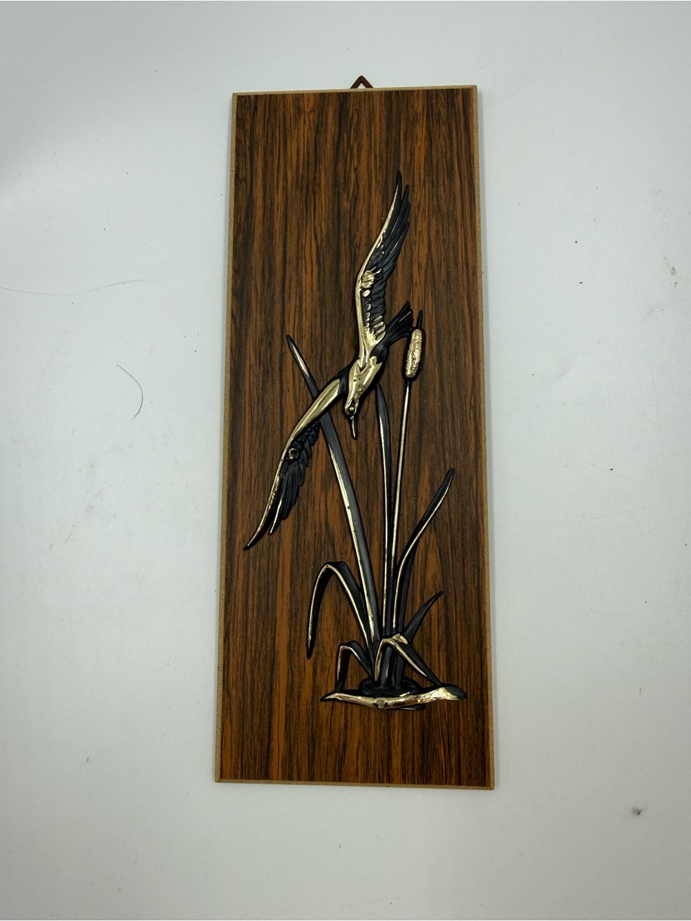Vintage wall hanging wood grain brass bird decor 10 x 4 inch